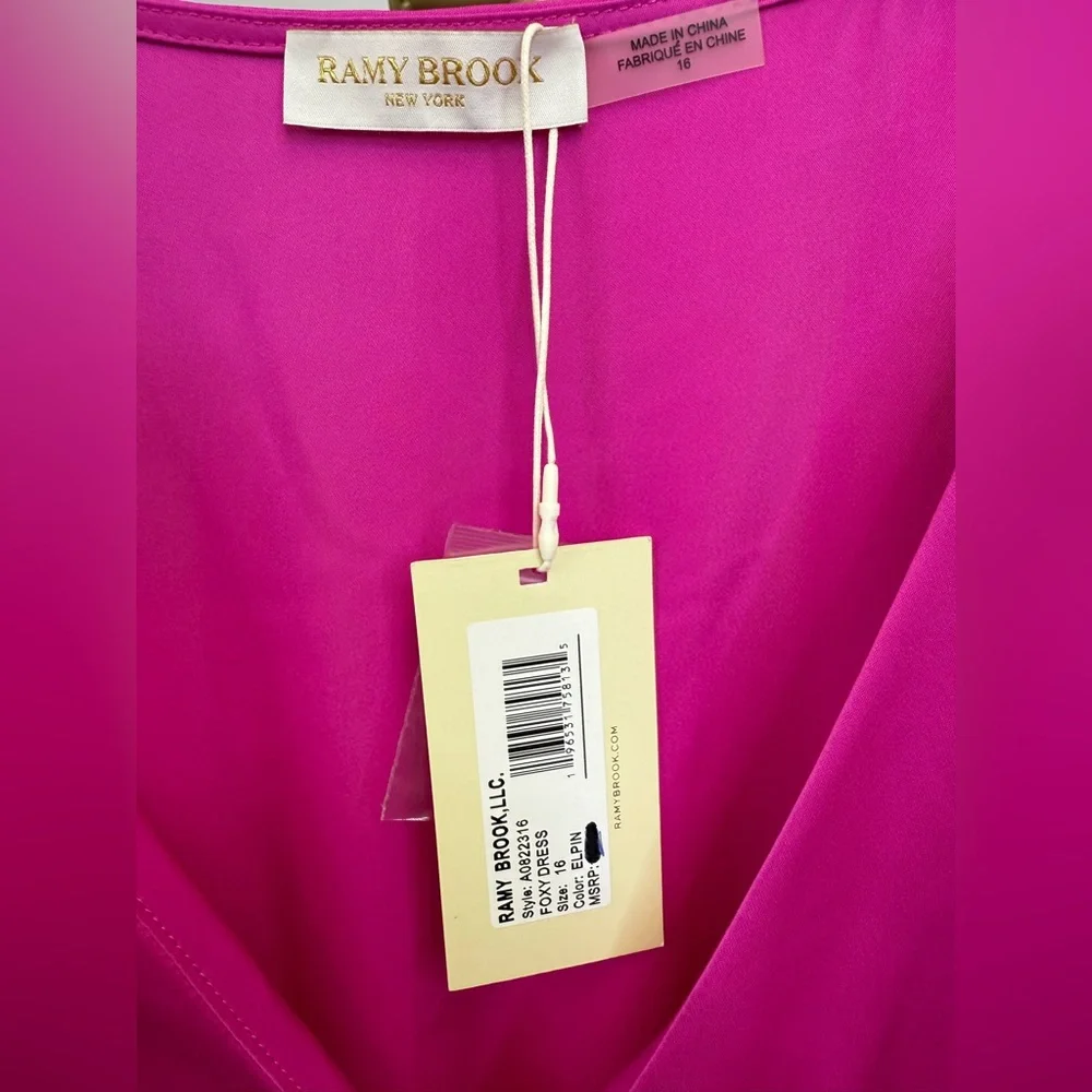 NWT Ramy Brook Foxy V-Neck Ruched Minidress Electric Pink Size 16 - Picture 3 of 6